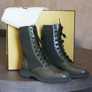 Green Fendi Crocodile Embossed Leather Combat Boots